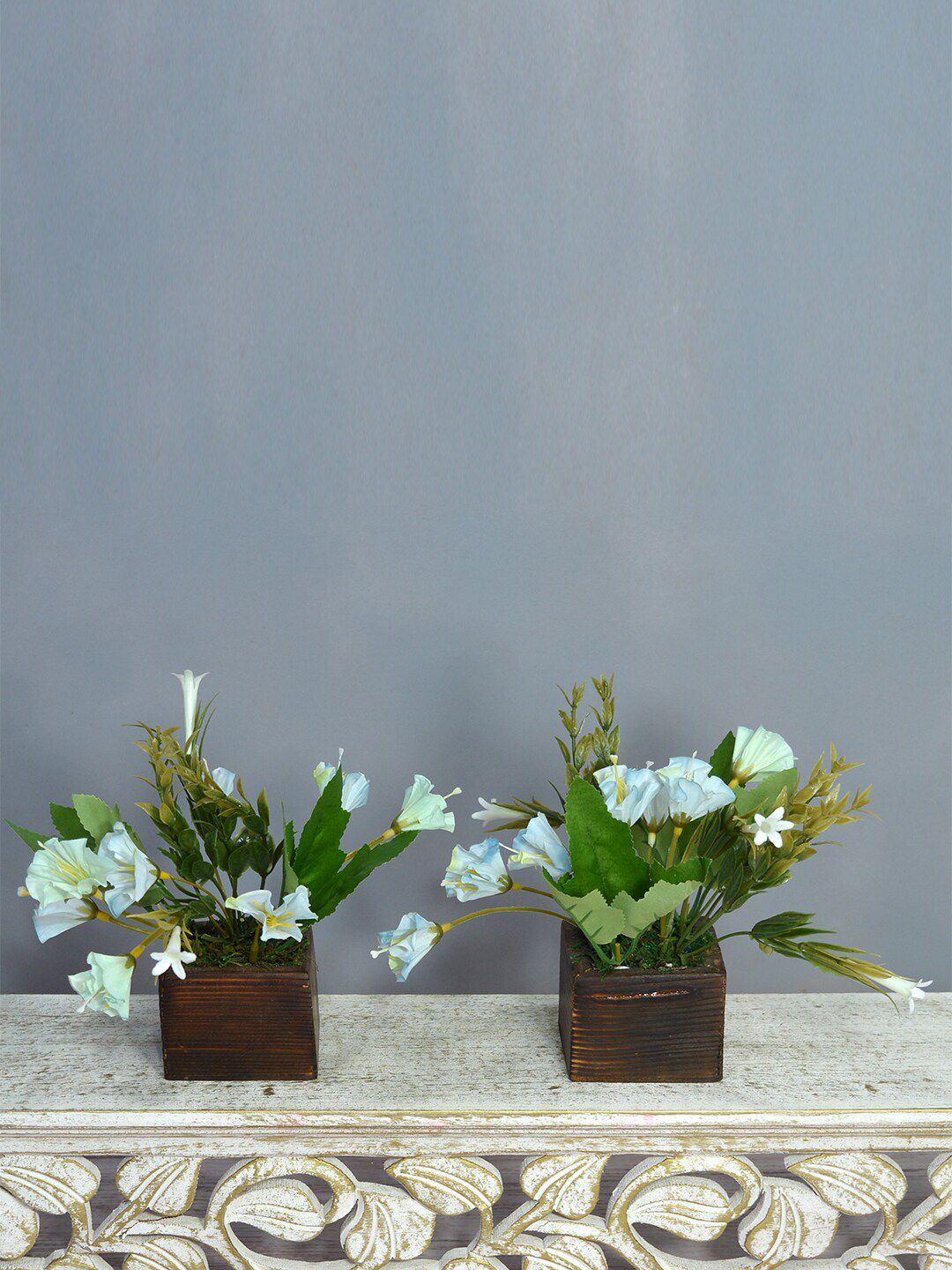 fancy mart Set of 2 Blue & Green Artificial Flower Lilies in Brown Wooden Pot Price in India