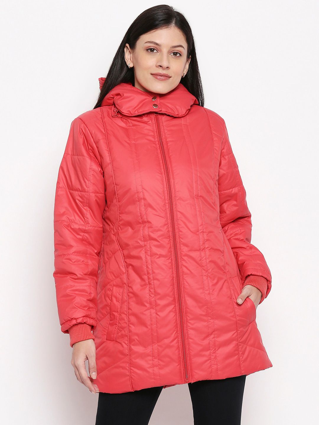People Women Pink Solid Longline Padded Jacket Price in India