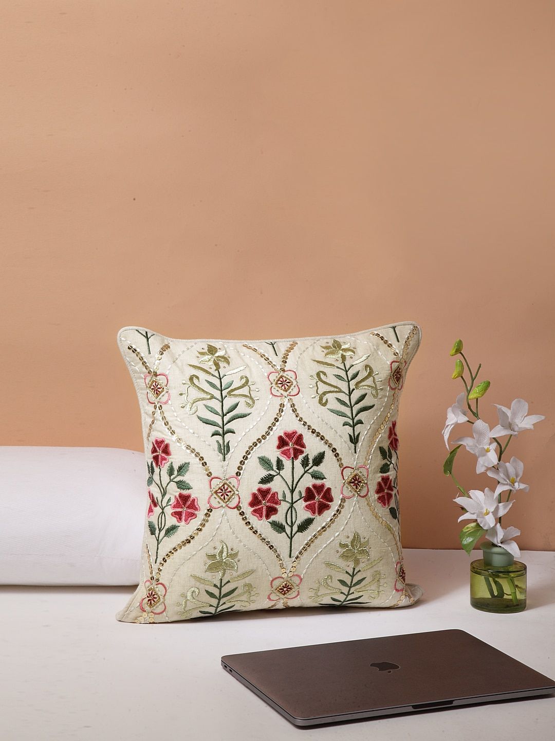 BLANC9 Beige & Pink Single Embroidered Square Cushion Covers Price in India