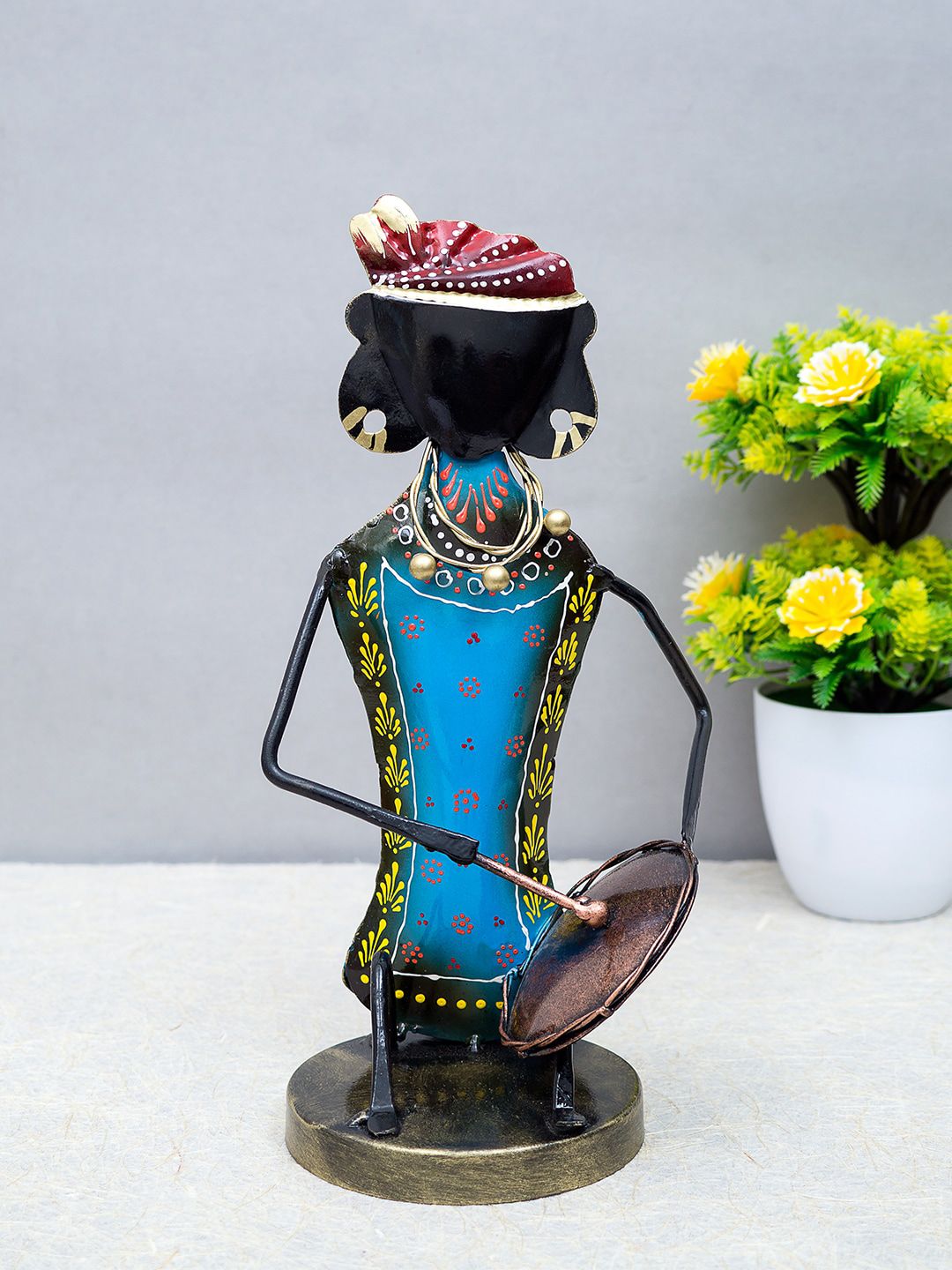 Golden Peacock Blue & Black Handcrafted Tambourine Musician Figurine Price in India
