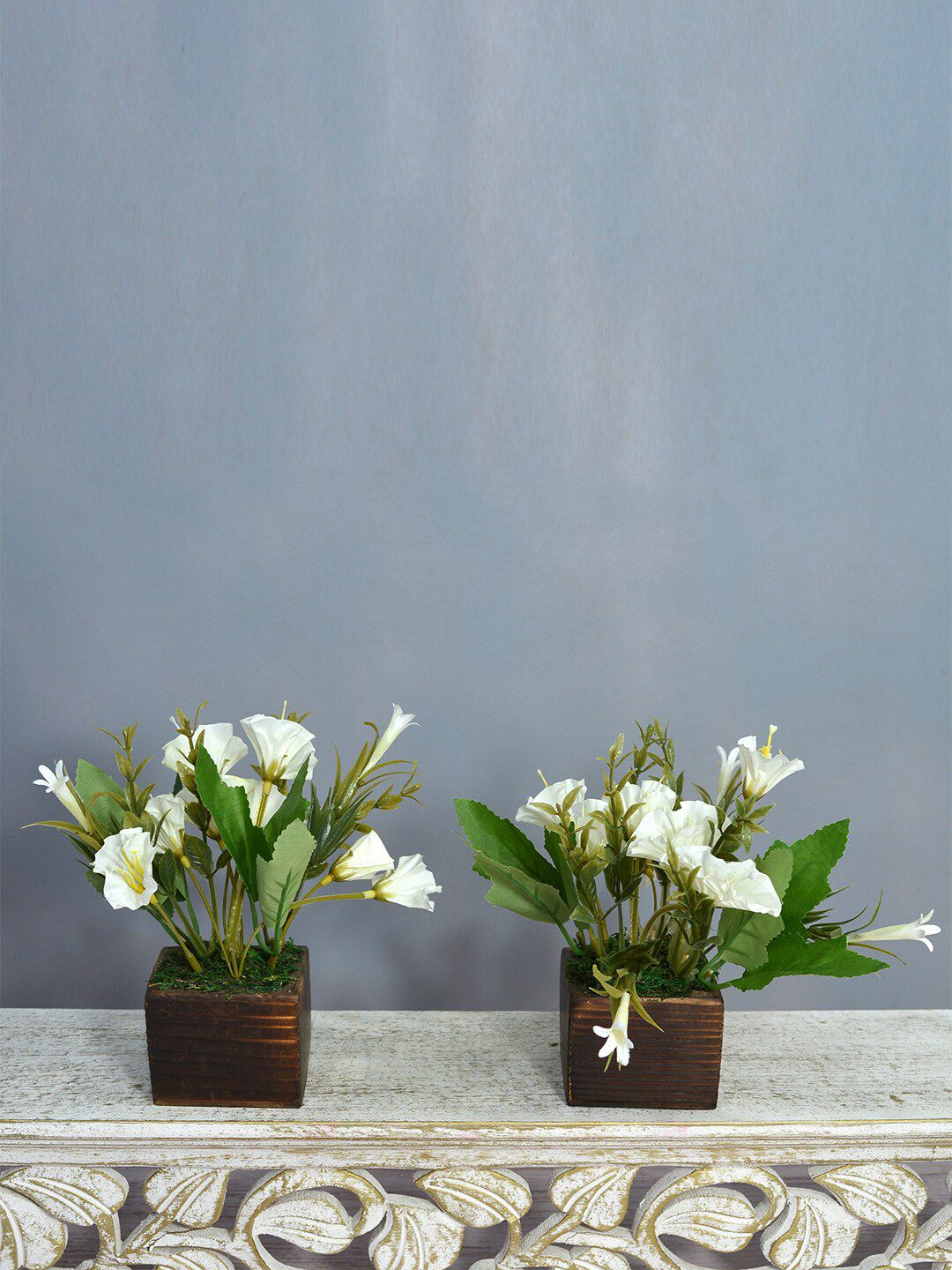 fancy mart Set of 2 White & Green Artificial Flower Lilies in Brown Wooden Pots Price in India