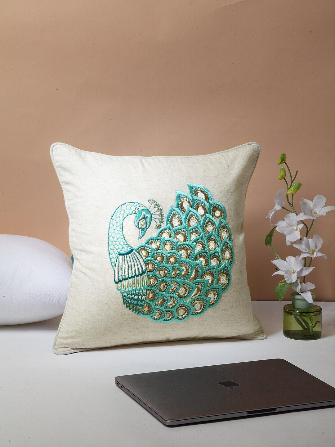 BLANC9 Off-White & Sea Green Set of Single Embroidered Square Cushion Cover Price in India
