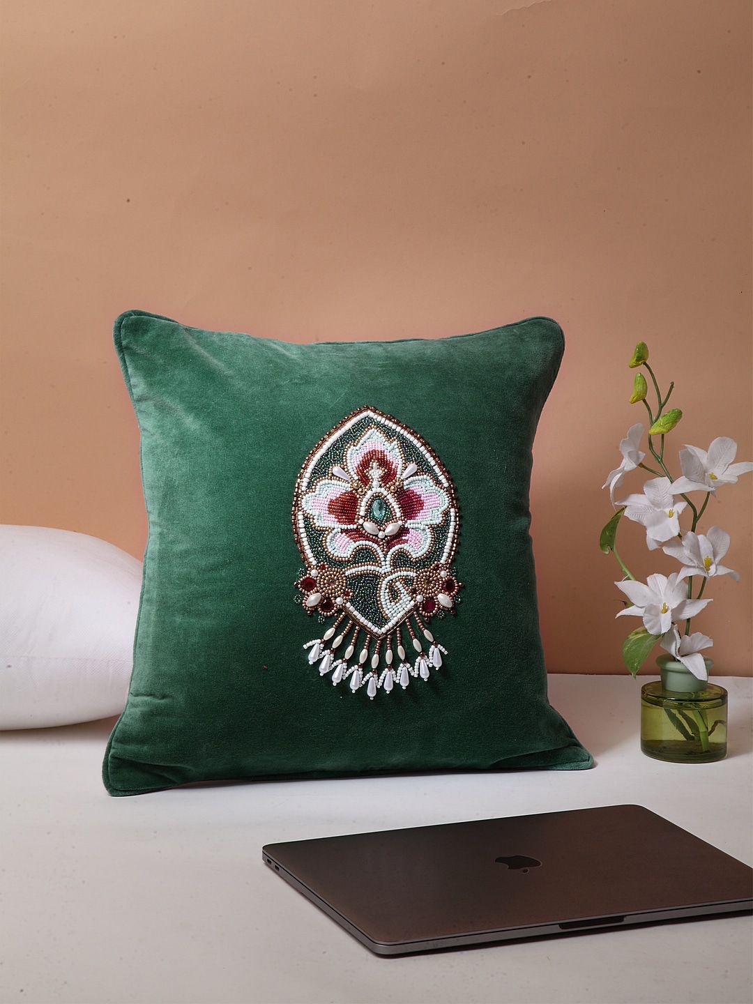 BLANC9 Green & White Single Embroidered Square Cushion Covers Price in India