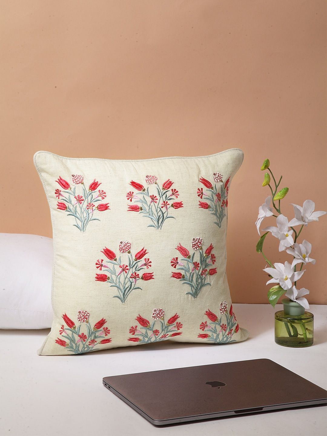 BLANC9 Off-White & Pink Single Embroidered Square Cushion Covers Price in India