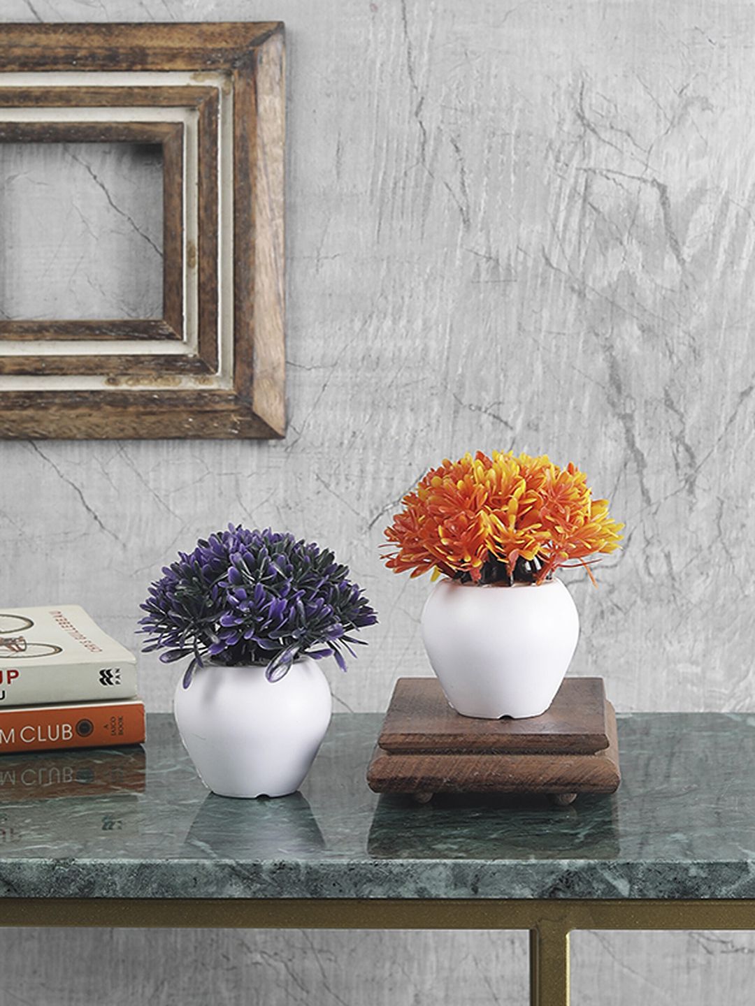 FOLIYAJ Set of 2 Purple & Orange Artificial Mini Bushes Plants With White Apple Shaped Pots Price in India