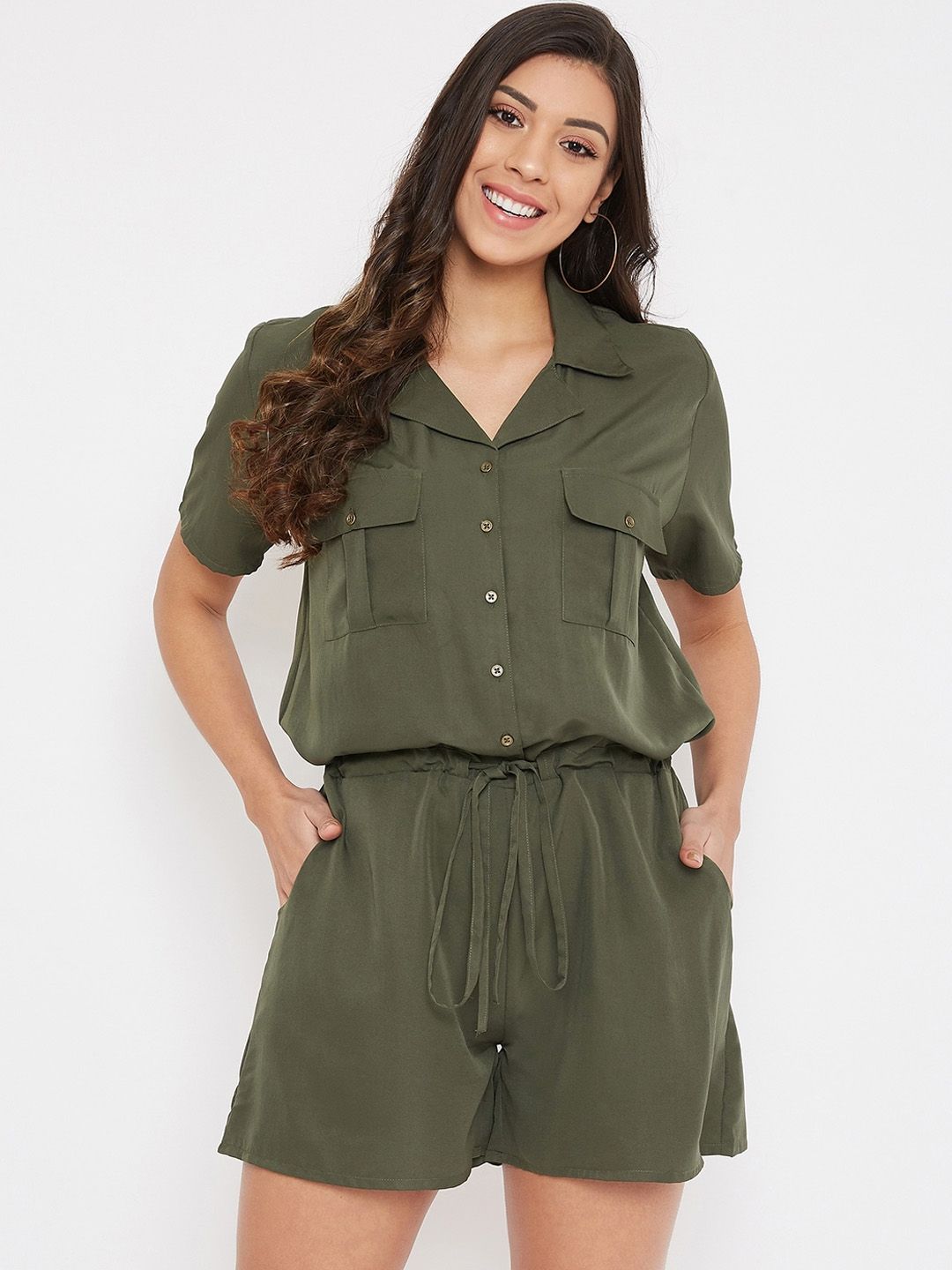 Color Cocktail Women Olive Green Solid Playsuit Price in India