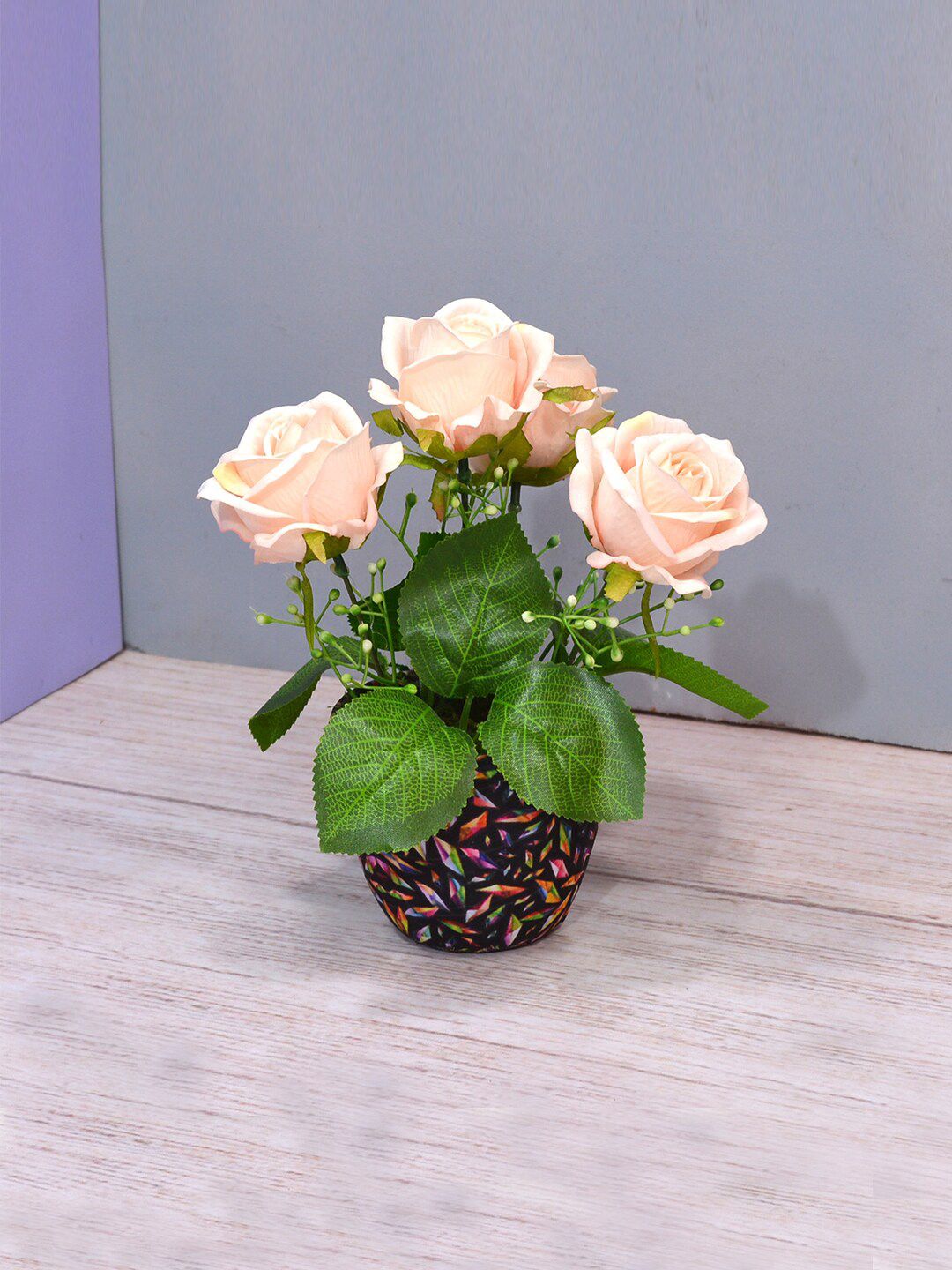 fancy mart Set of 4 Peach-Coloured & Green Artificial Rose Flowers With Round Textured Pot Price in India