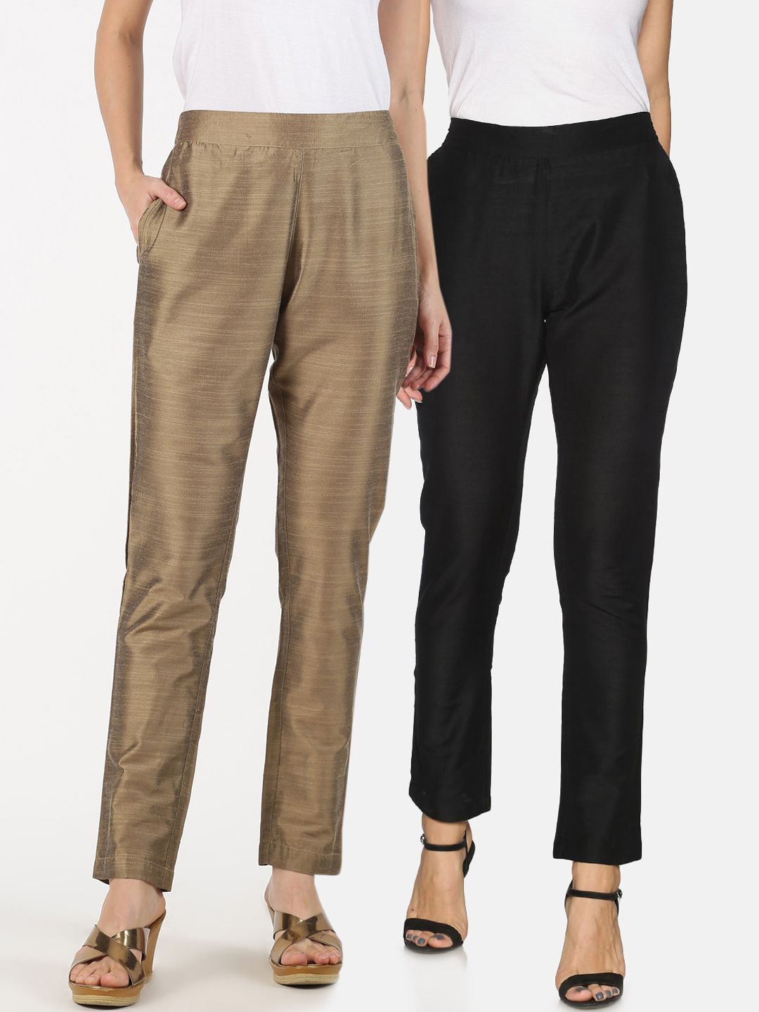 Saffron Threads Women Black & Gold Set of 2 Solid Regular Trousers Price in India