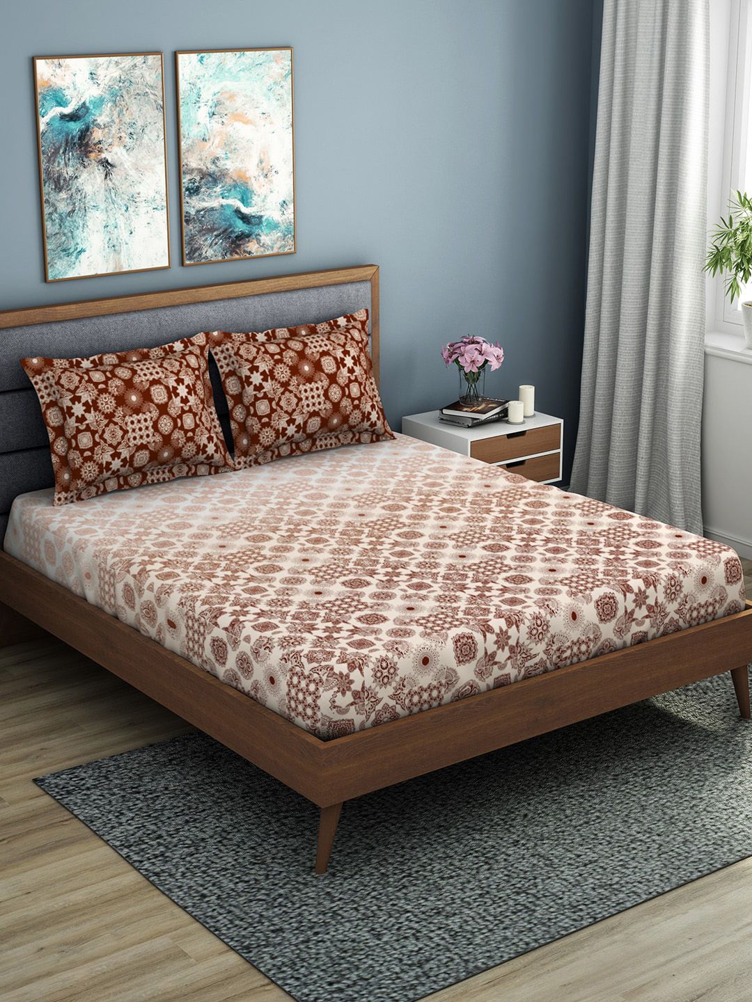 SPACES Cream-Coloured & Brown Ethnic Motifs 210 TC Cotton 1 King Bedsheet with 2 Pillow Covers Price in India