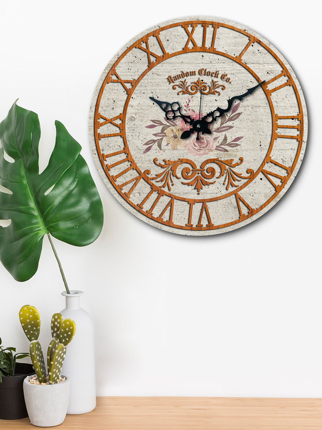 RANDOM Off-White & Brown Round Textured 37 cm Analogue Wall Clock Price in India