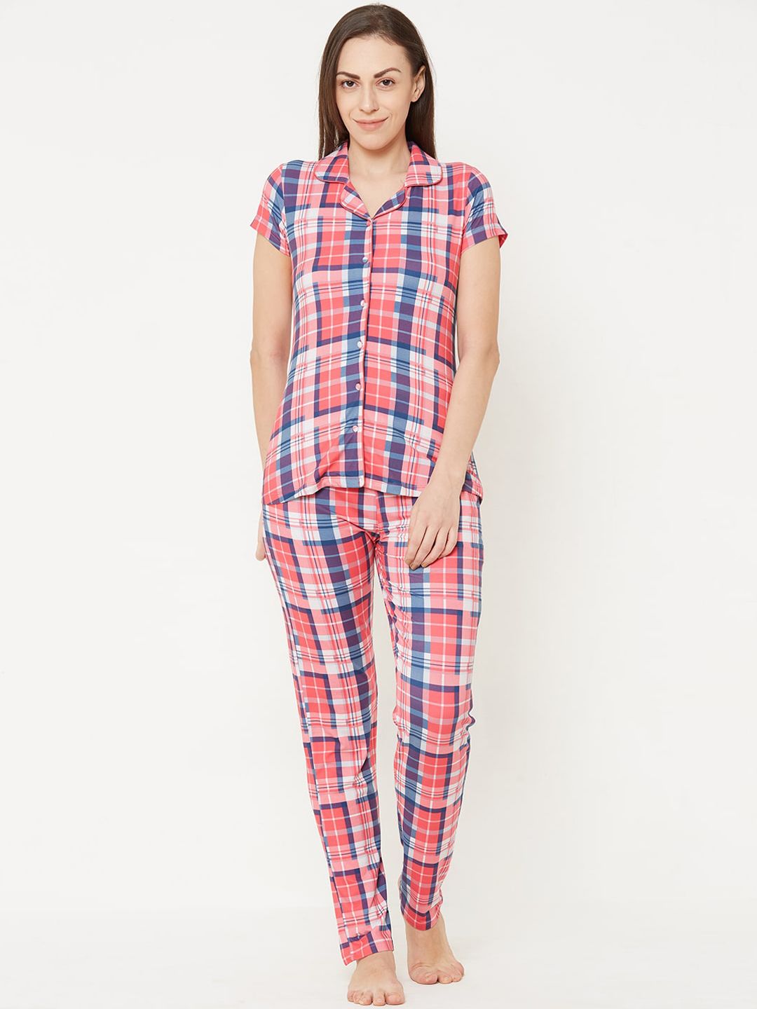 Sweet Dreams Women Pink & Blue Checked Night suit Price in India