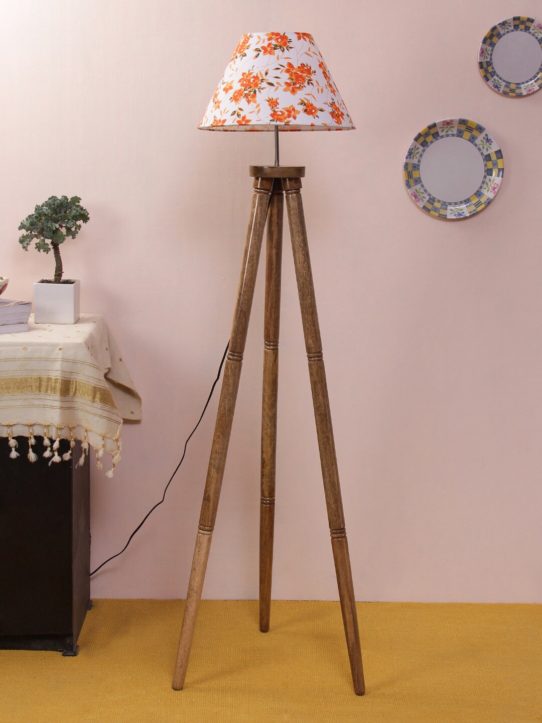 Devansh White & Orange Printed Frustum Tripod Lamp Price in India