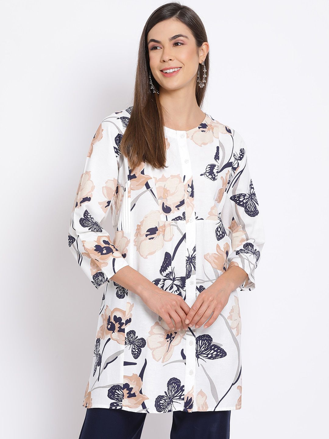 Oxolloxo Women's White & Navy Blue Printed Tunic Price in India
