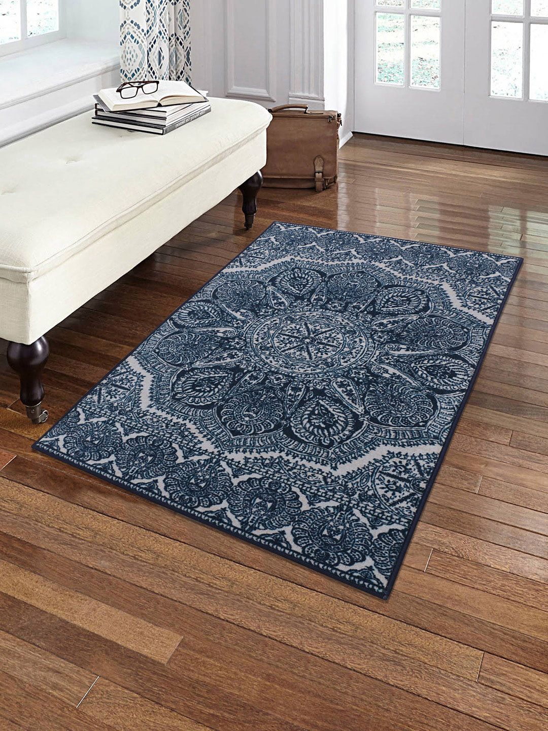 RUGSMITH Navy Blue & White Abstract Printed Anti-Skid Carpet Price in India