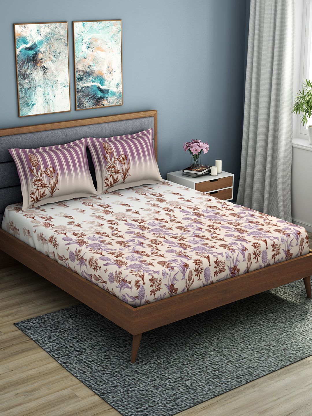 SPACES Cream-Coloured & White Floral 210 TC Cotton 1 King Bedsheet with 2 Pillow Covers Price in India