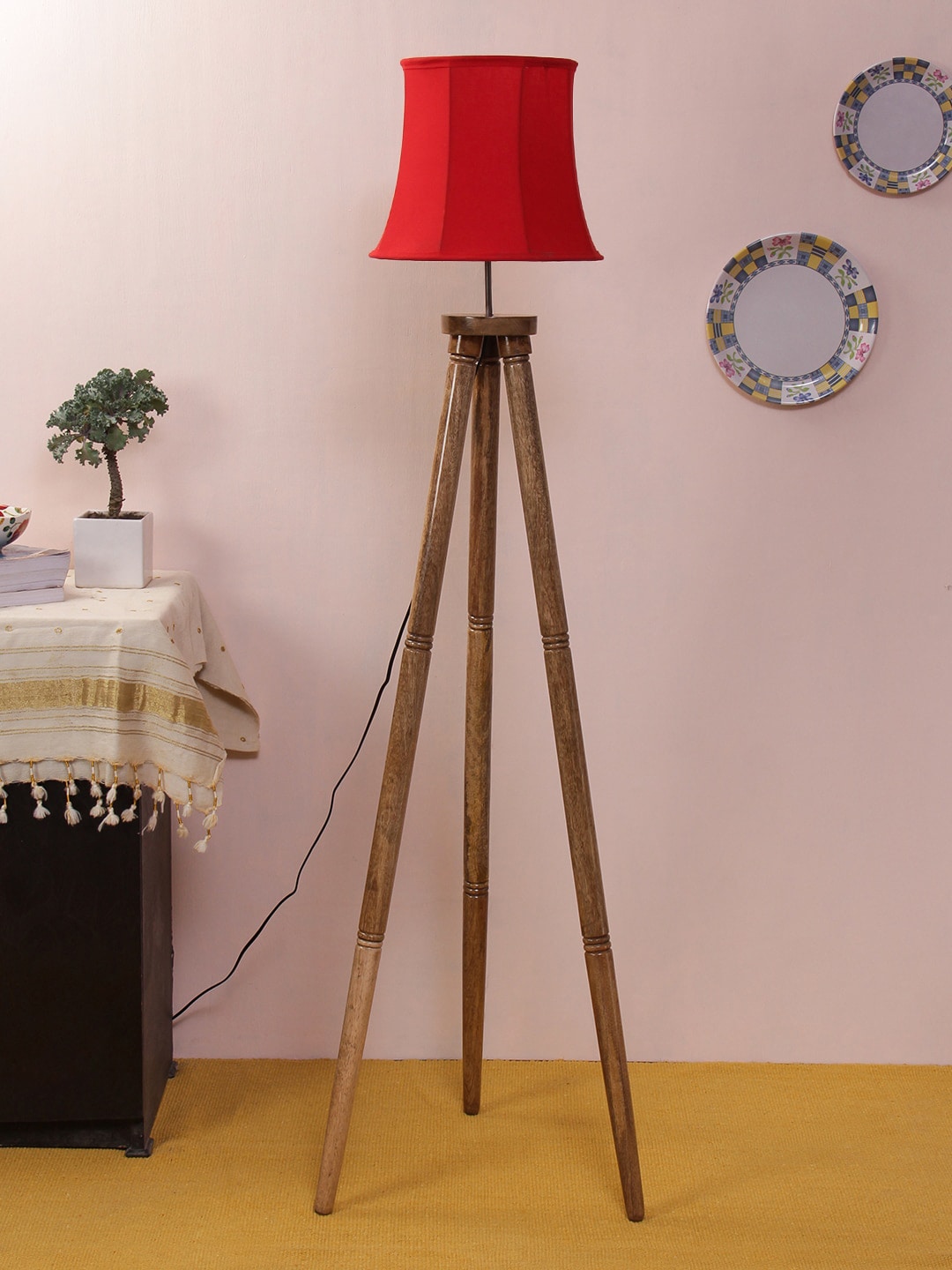 Devansh Red & Brown Solid Wooden Tripod Lamp Price in India