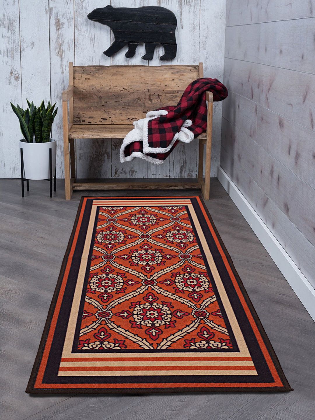 RUGSMITH Orange & Beige Ethnic Motifs Anti-Skid Floor Runner Price in India