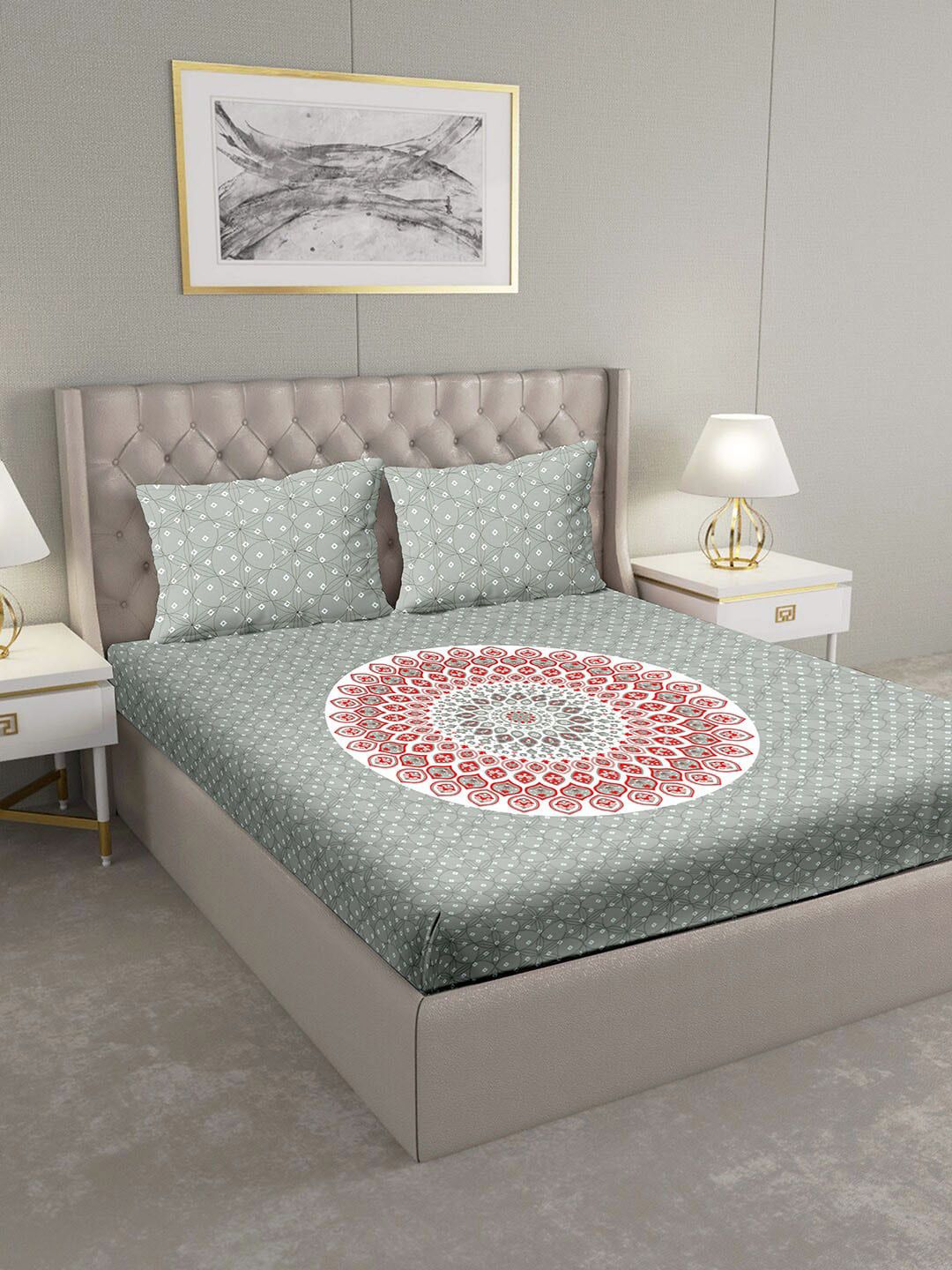 BELLA CASA Grey Ethnic Motifs 124 TC Cotton 1  King Bedsheet with 2 Pillow Covers Price in India