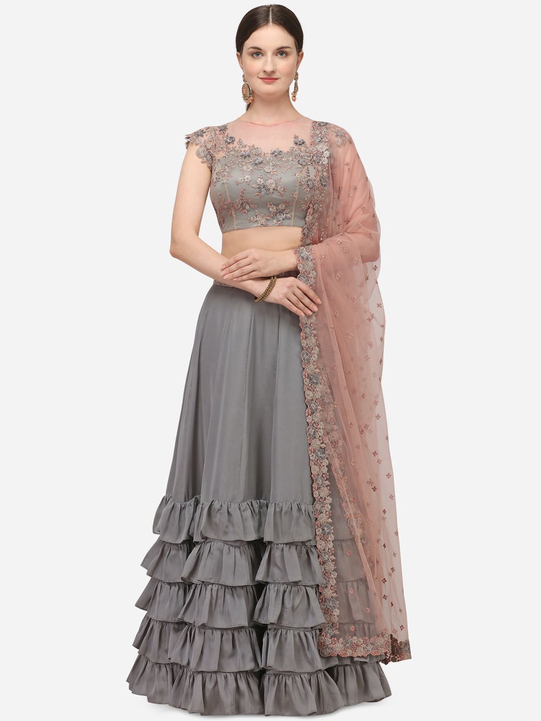 NAKKASHI Grey & Peach-Coloured Embroidered Ready to Wear Lehenga & Unstitched Blouse with Dupatta Price in India