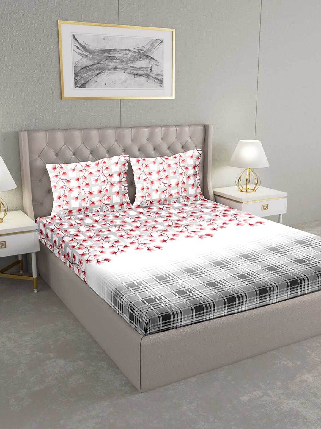 BELLA CASA White & Red Floral 124 TC Cotton 1  King Bedsheet with 2 Pillow Covers Price in India