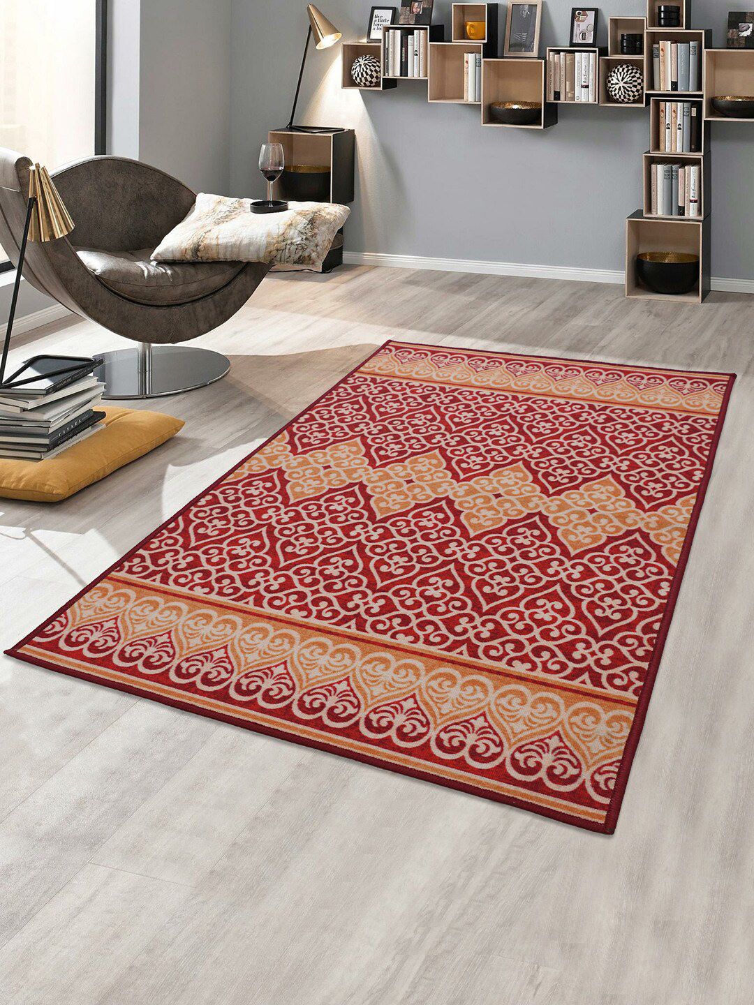 RUGSMITH Red & Beige Ethnic Motifs Printed Anti-Skid Carpet Price in India