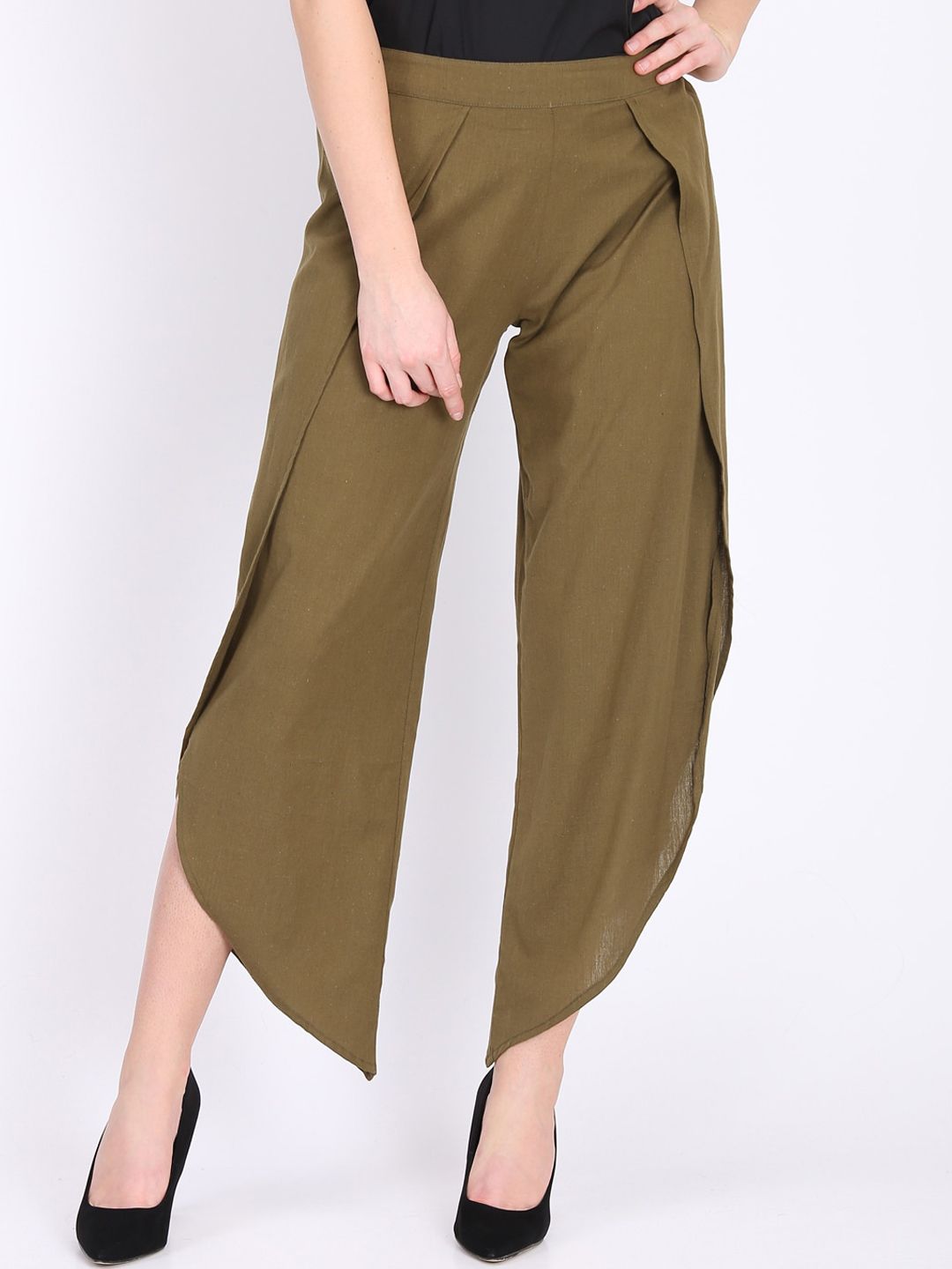 DODO & MOA Women Olive Green Regular Fit Solid Parallel Trousers Price in India