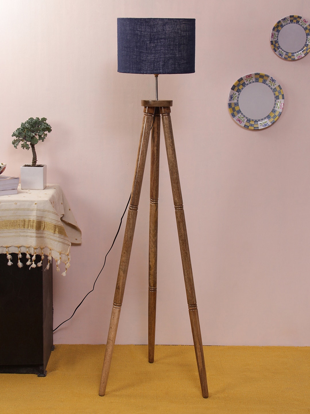 Devansh Navy Blue & Brown Solid Traditional Tripod Lamp with Shade Price in India