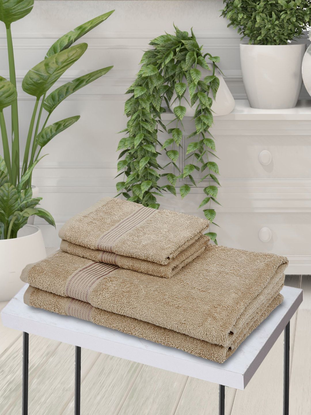 BIANCA Set of 4 Beige Solid 380 GSM Towels Price in India