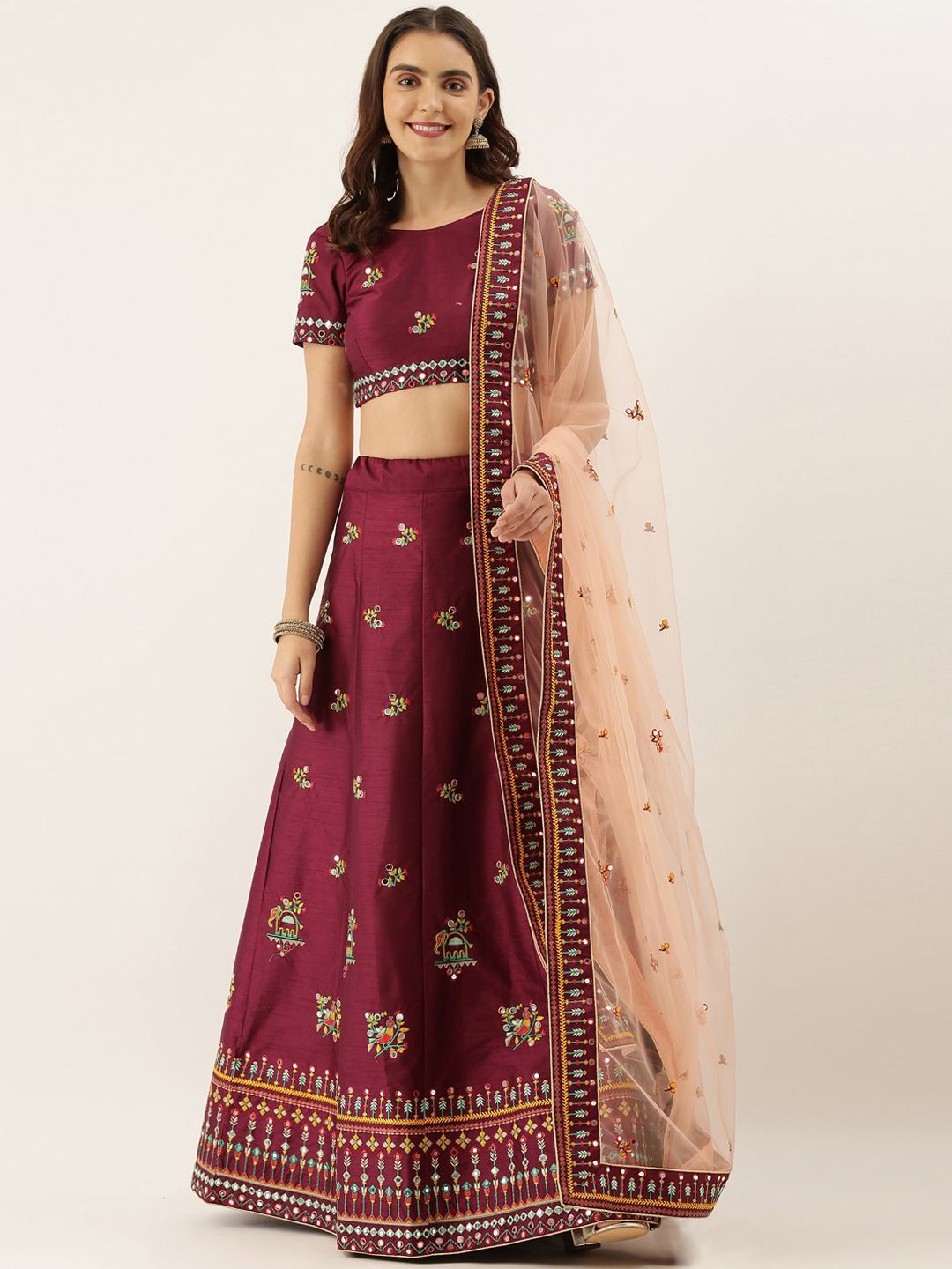 panchhi Burgundy & Yellow Embroidered Semi-Stitched Lehenga Unstitched Blouse with Dupatta