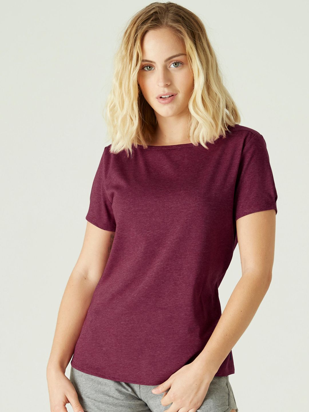 NYAMBA By Decathlon Women Purple Solid Boat Neck T-shirt Price in India