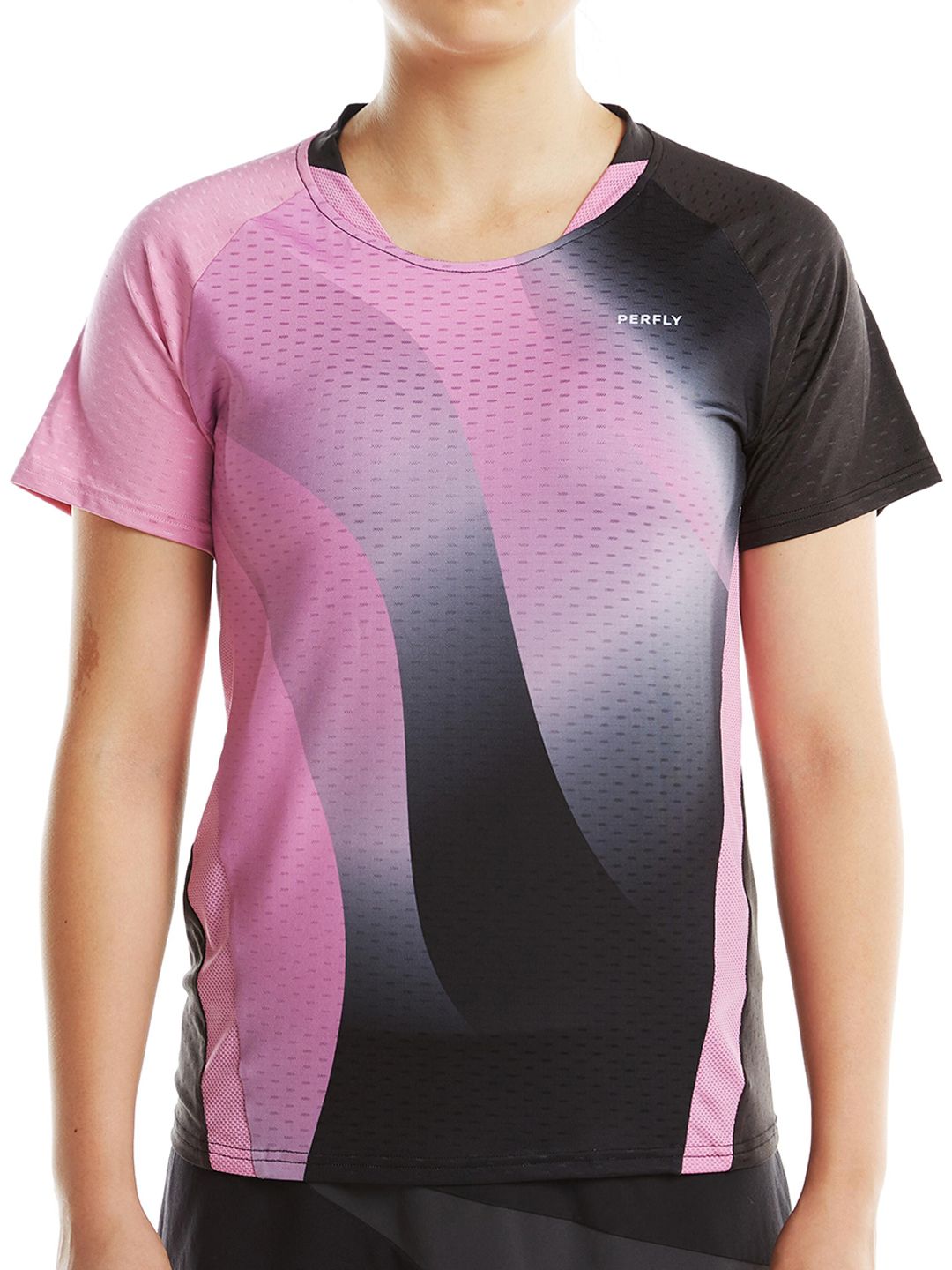 PERFLY By Decathlon Women Black Colourblocked Round Neck Badminton T-shirt Price in India