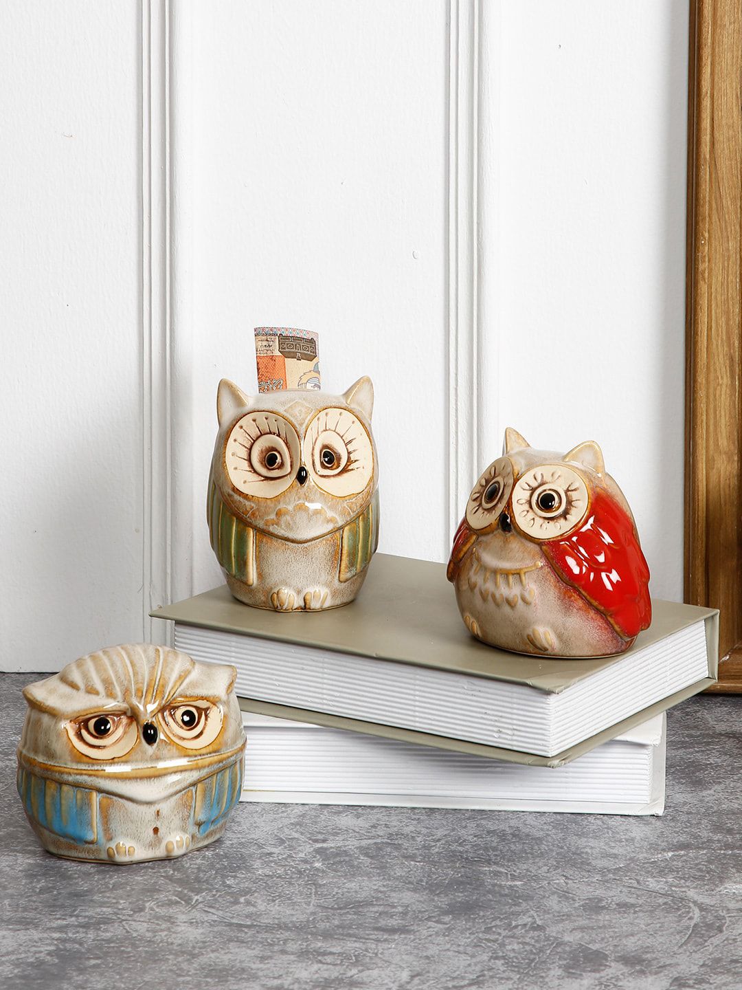 TAYHAA Set Of 3 Beige & Red Ceramic Owl Piggy Bank Showpieces Price in India