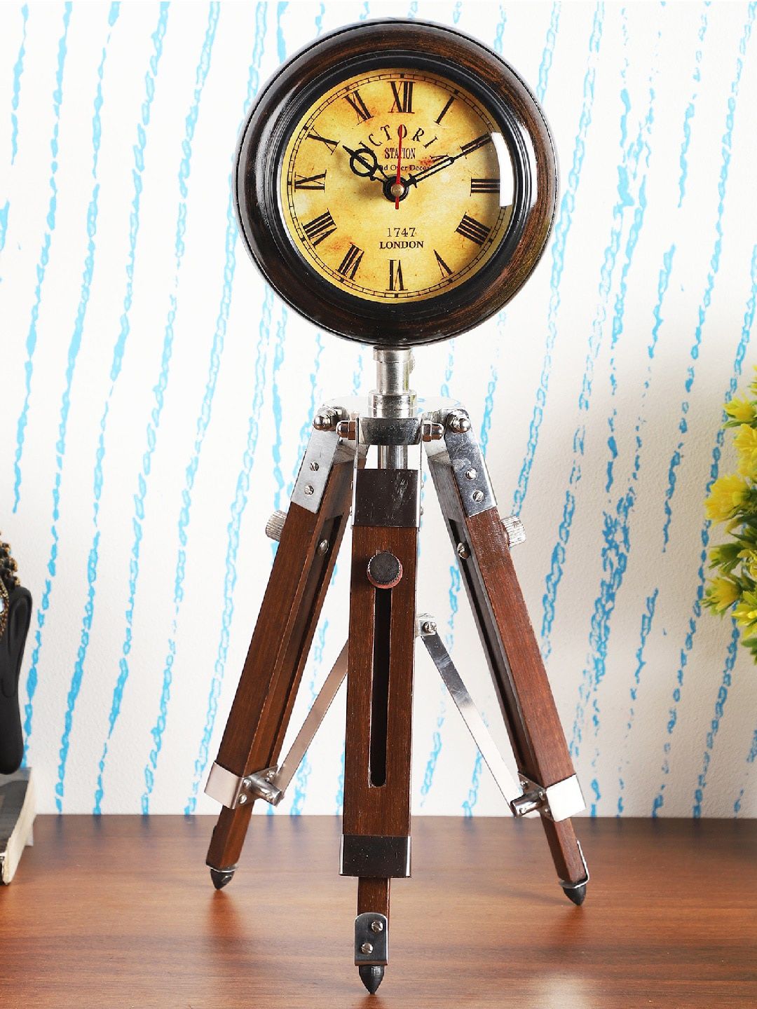 EXIM DECOR Yellow & Brown Handcrafted Round Printed Analogue Table Clock Price in India