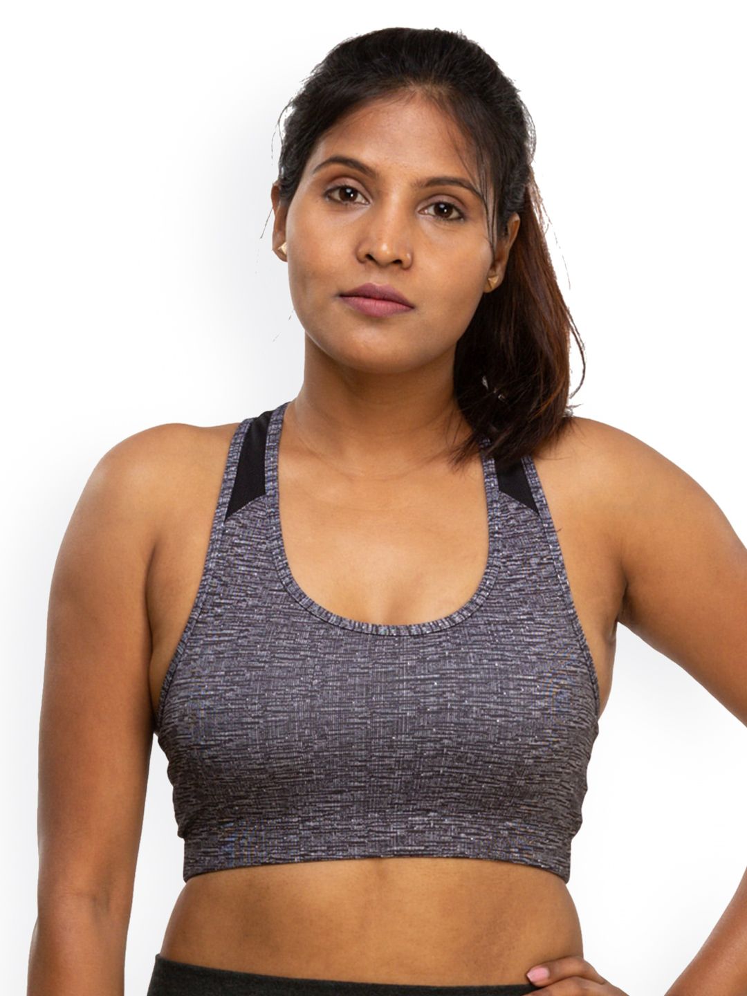 Domyos by Decathlon Women Black & Grey Low Support Padded Sports Bra Price in India