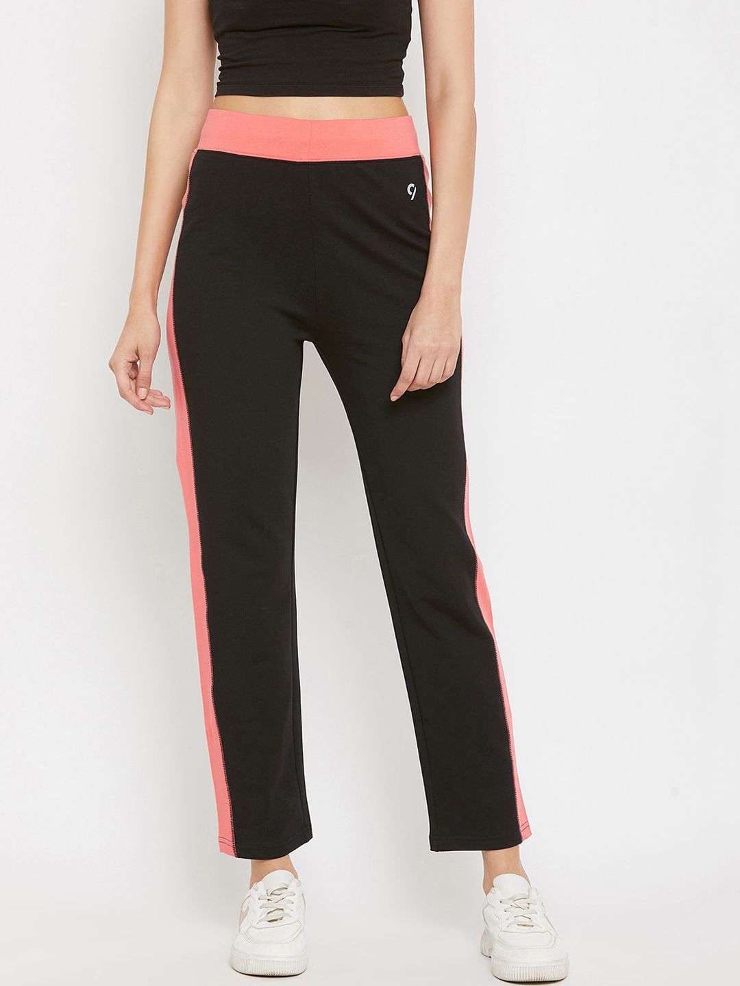 C9 AIRWEAR Women Black & Pink Colourblocked Track Pants Price in India
