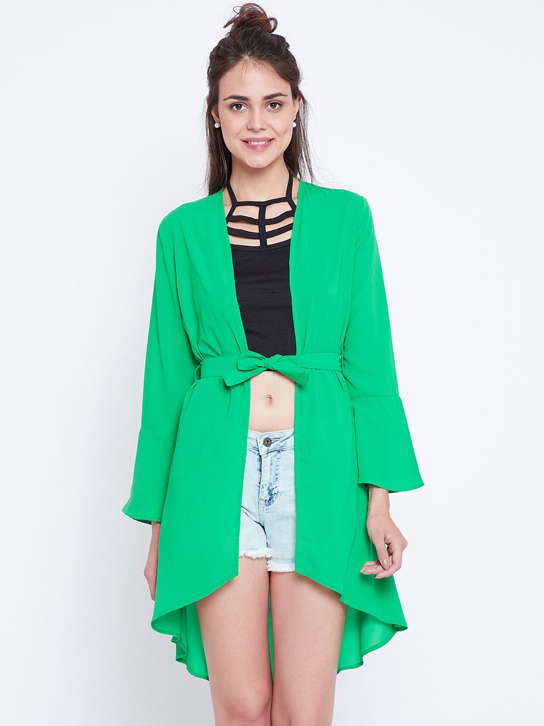 Zastraa Women Green Solid Open Front Shrug Price in India