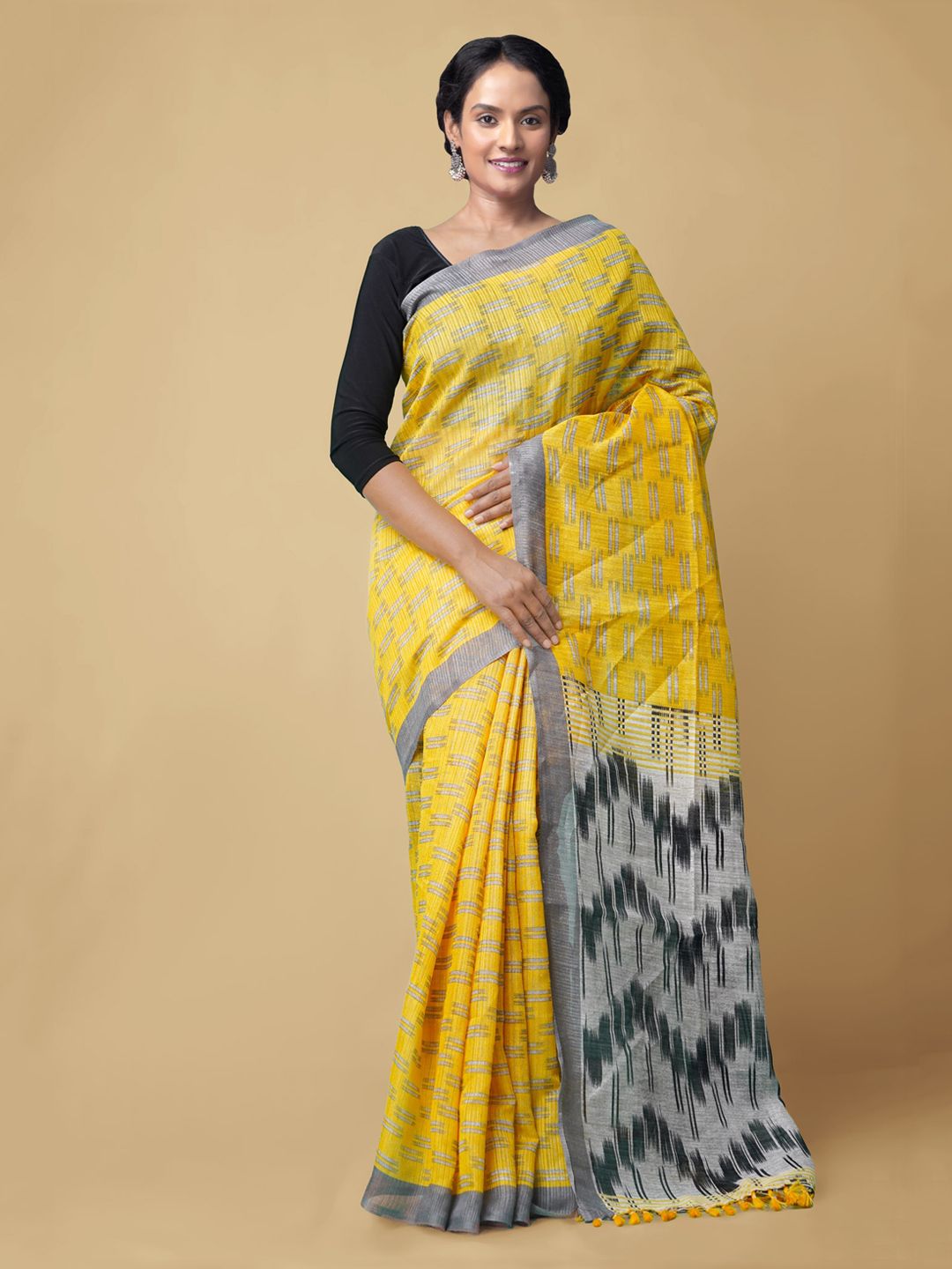 Unnati Silks Yellow Pure Silk Checked Sambalpuri Saree