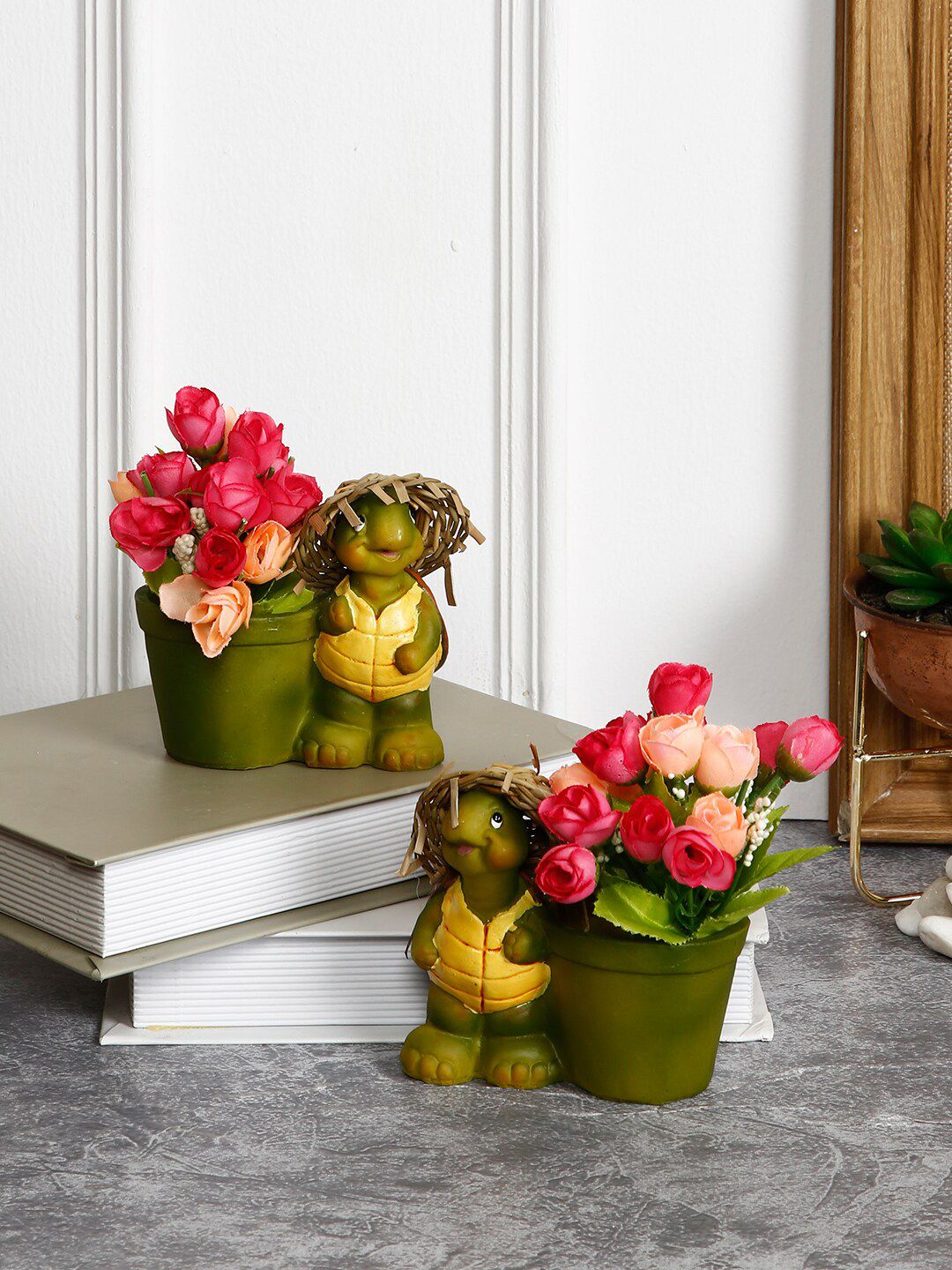 TAYHAA Set Of 2 Olive Green & Yellow Straw Hat Turtle Flower Pot Showpiece Price in India