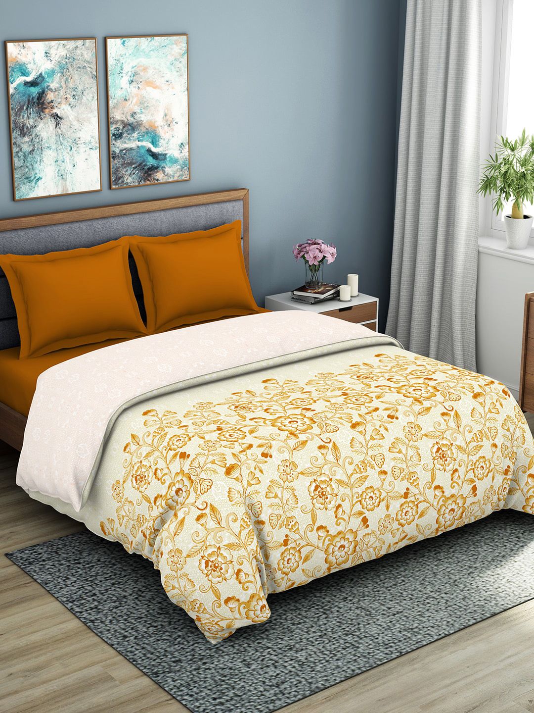 SPACES Rust & Yellow Floral AC Room 150 GSM Double Bed Quilt Price in India