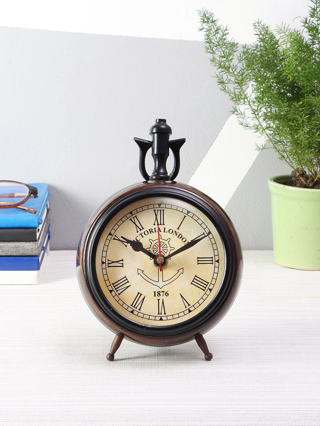EXIM DECOR Brown & Cream-Coloured Handcrafted Round Solid Analogue Table Clock Price in India