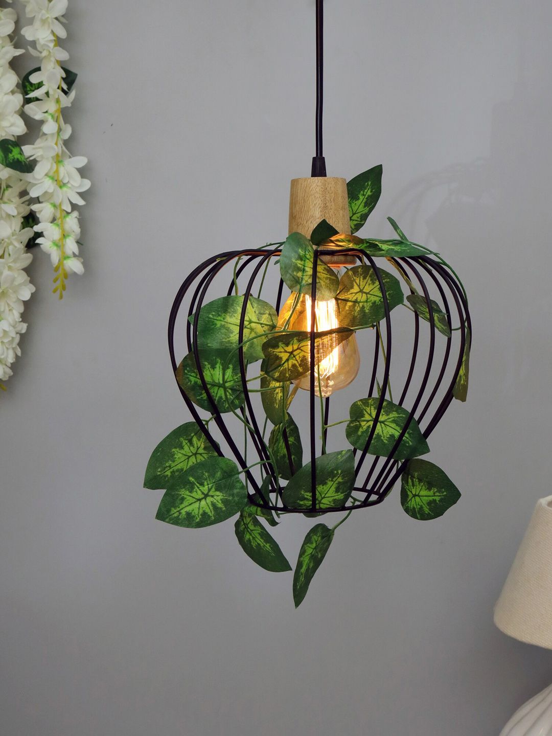 Homesake Black & Green Solid Contemporary Hanging Lamp With Leafy Vine Price in India