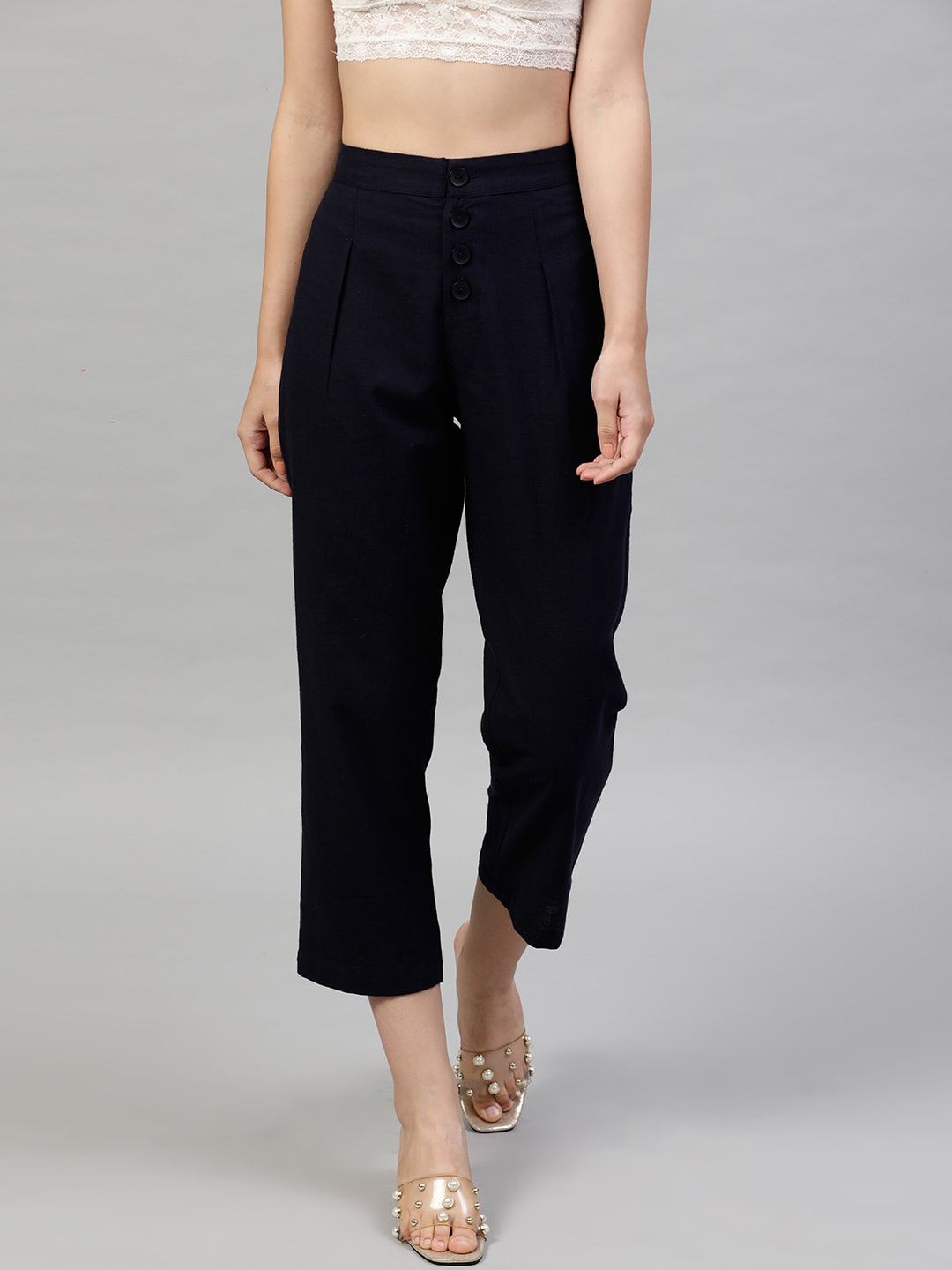 STREET 9 Women Navy Blue Cotton Solid Cropped Regular Trousers Price in India