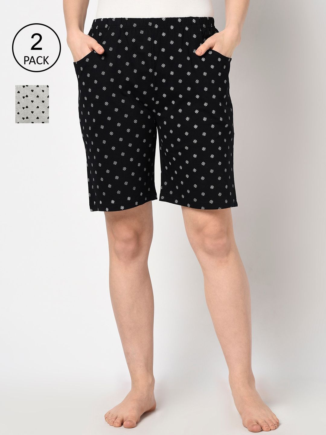 Espresso Women Pack of 2 Black & Grey Melange Printed Lounge Shorts Price in India