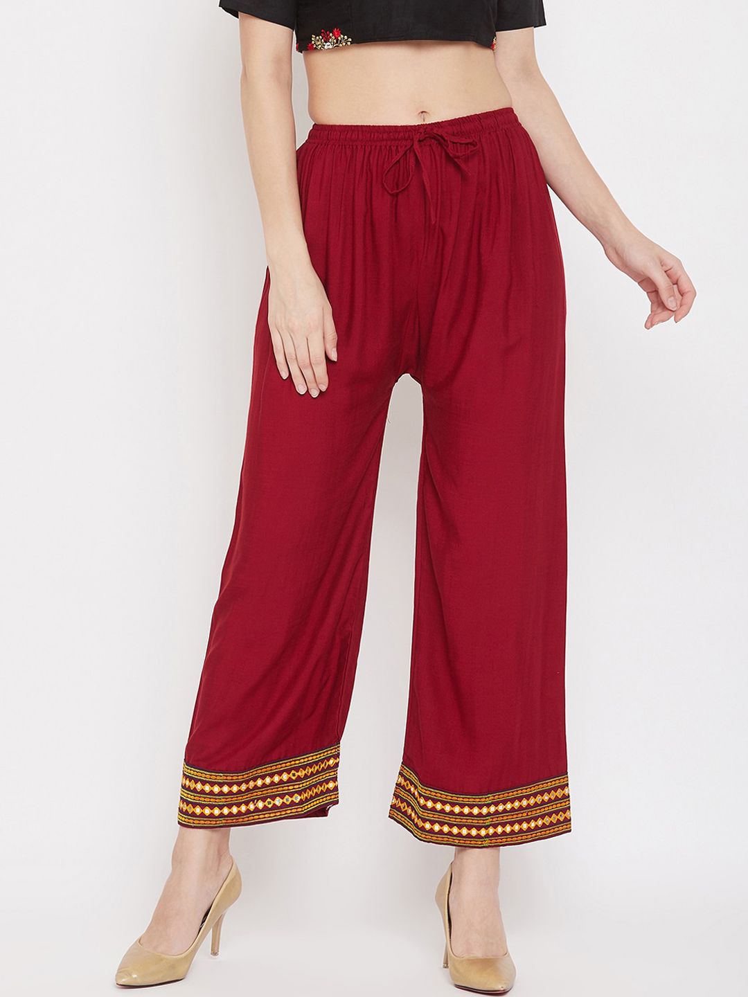 Clora Creation Women Maroon Hem Design Wide Leg Palazzos