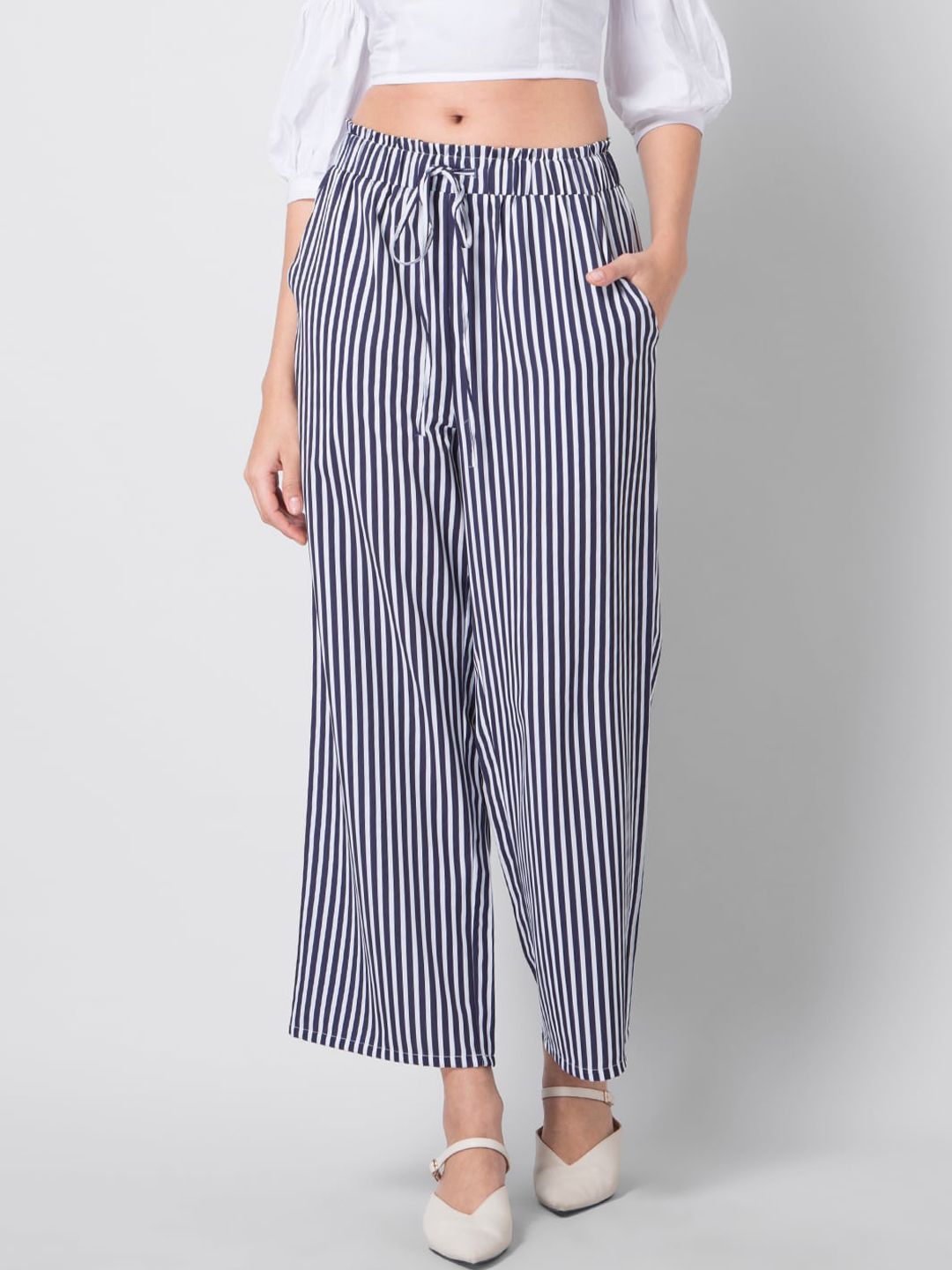 FabAlley Women Blue Loose Fit Striped Parallel Trousers