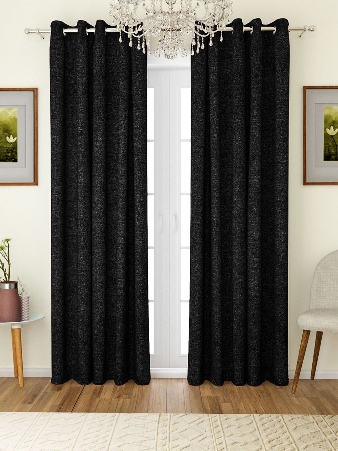 ROMEE Black Set of 2 Self Design Room Darkening Door Curtains Price in India