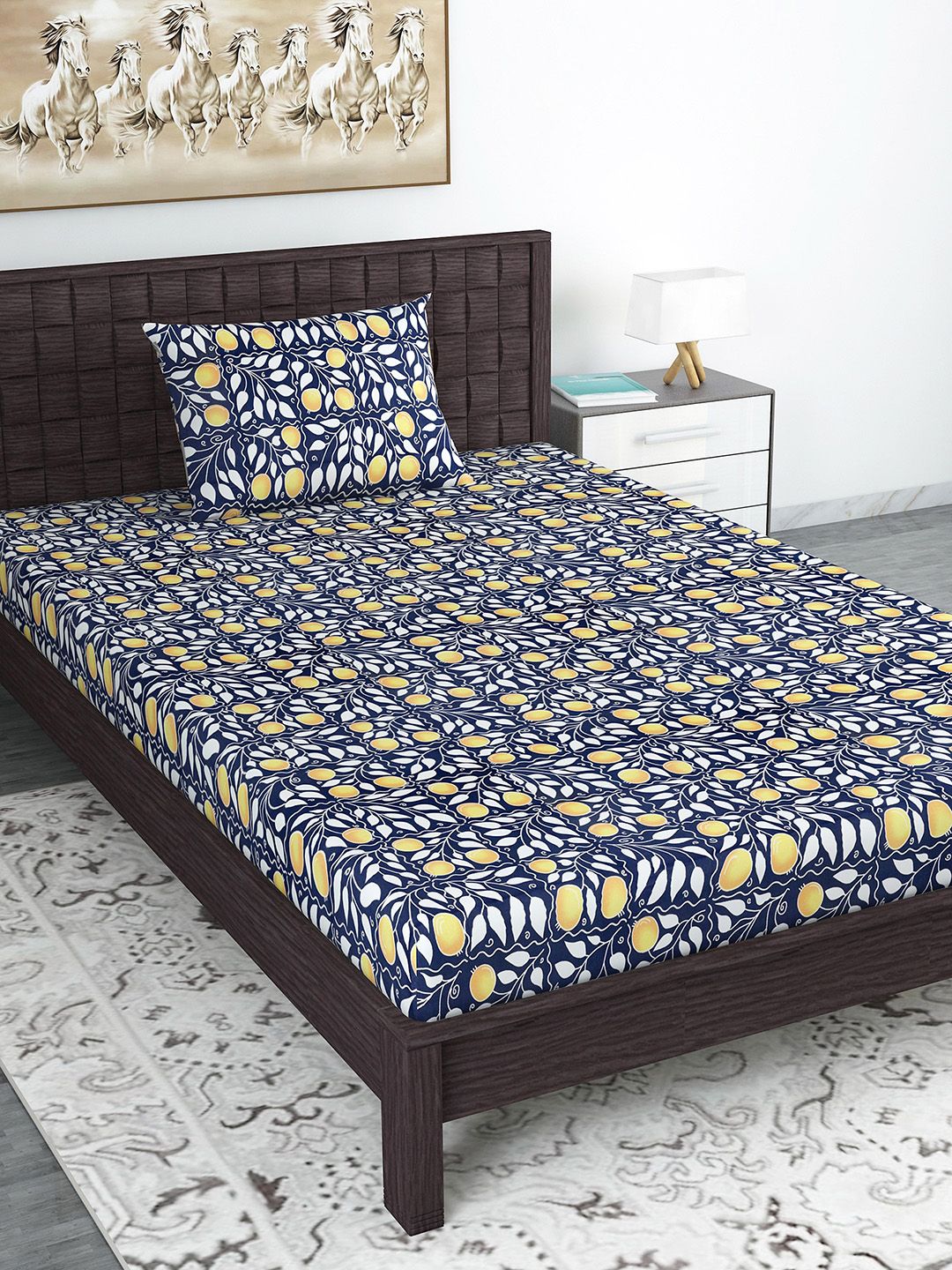 Divine Casa Navy Blue & White Ethnic Motifs 144 TC Cotton 1 Single Bedsheet with 1 Pillow Covers Price in India