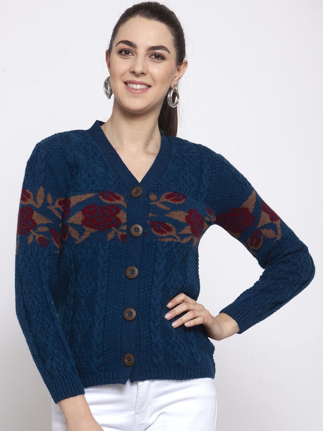 Kalt Women Teal Self Design Cardigan Sweater Price in India