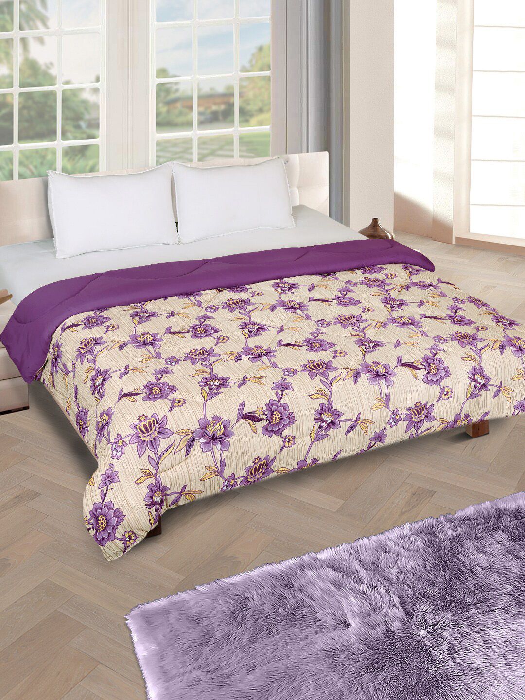 ROMEE Beige & Purple Floral AC Room 200 GSM Double Bed Comforter Price in India