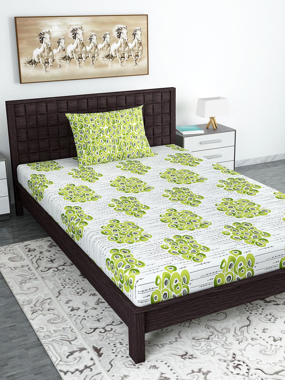 Divine Casa Off-White & Green Abstract 144 TC Cotton 1 Single Bedsheet with 1 Pillow Covers Price in India